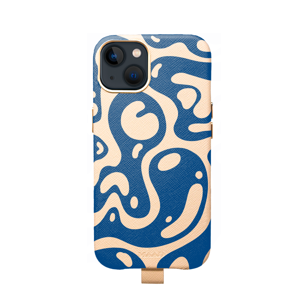 MAAD Full Wrapped Liquid Blue iPhone 13 case made of vegan saffiano leather with gold pleated edges, showcasing its sleek design and personalization options.